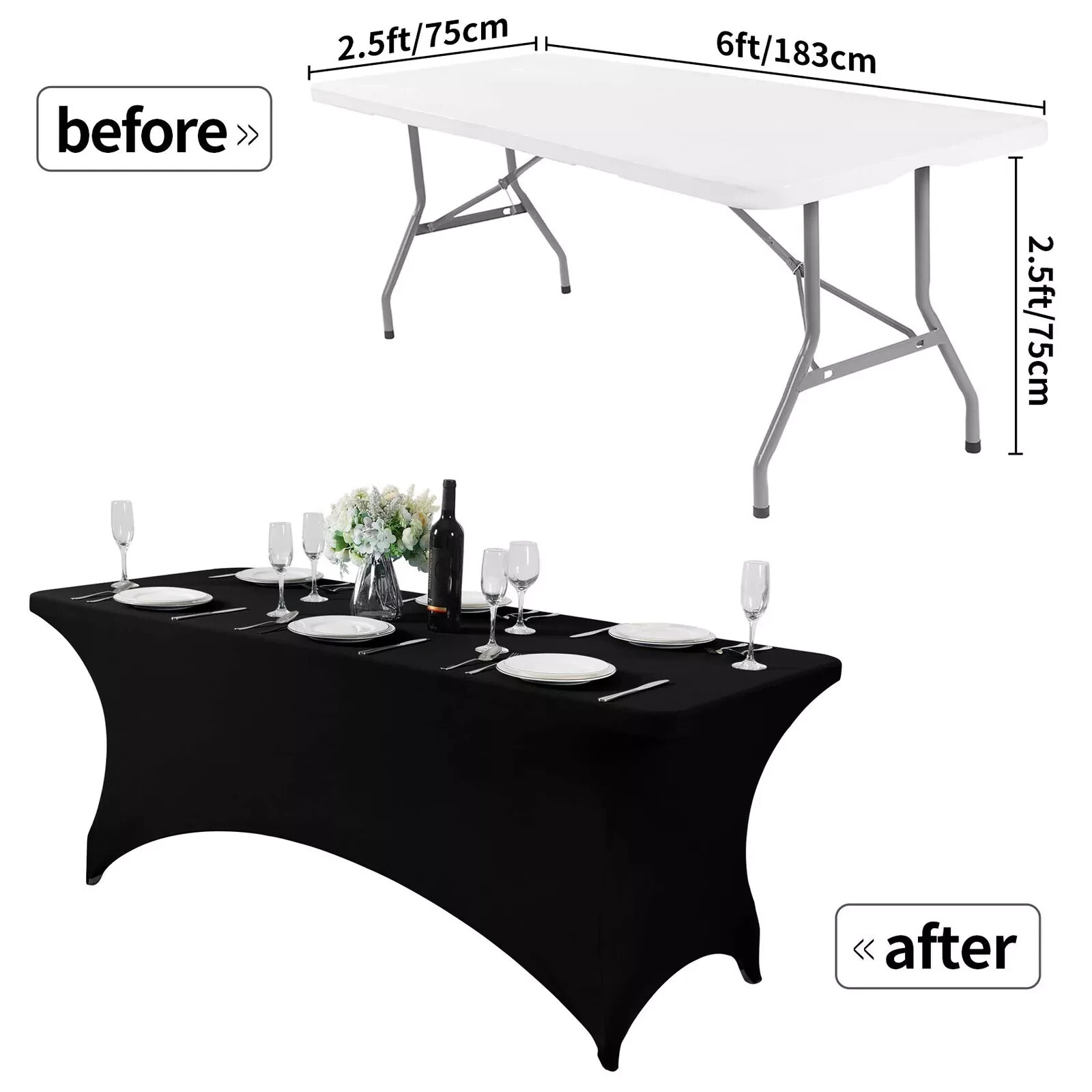 2Pack, 6FT Spandex Table Cover Fitted Rectangular Tablecloth 2PC 6FT Black gallery