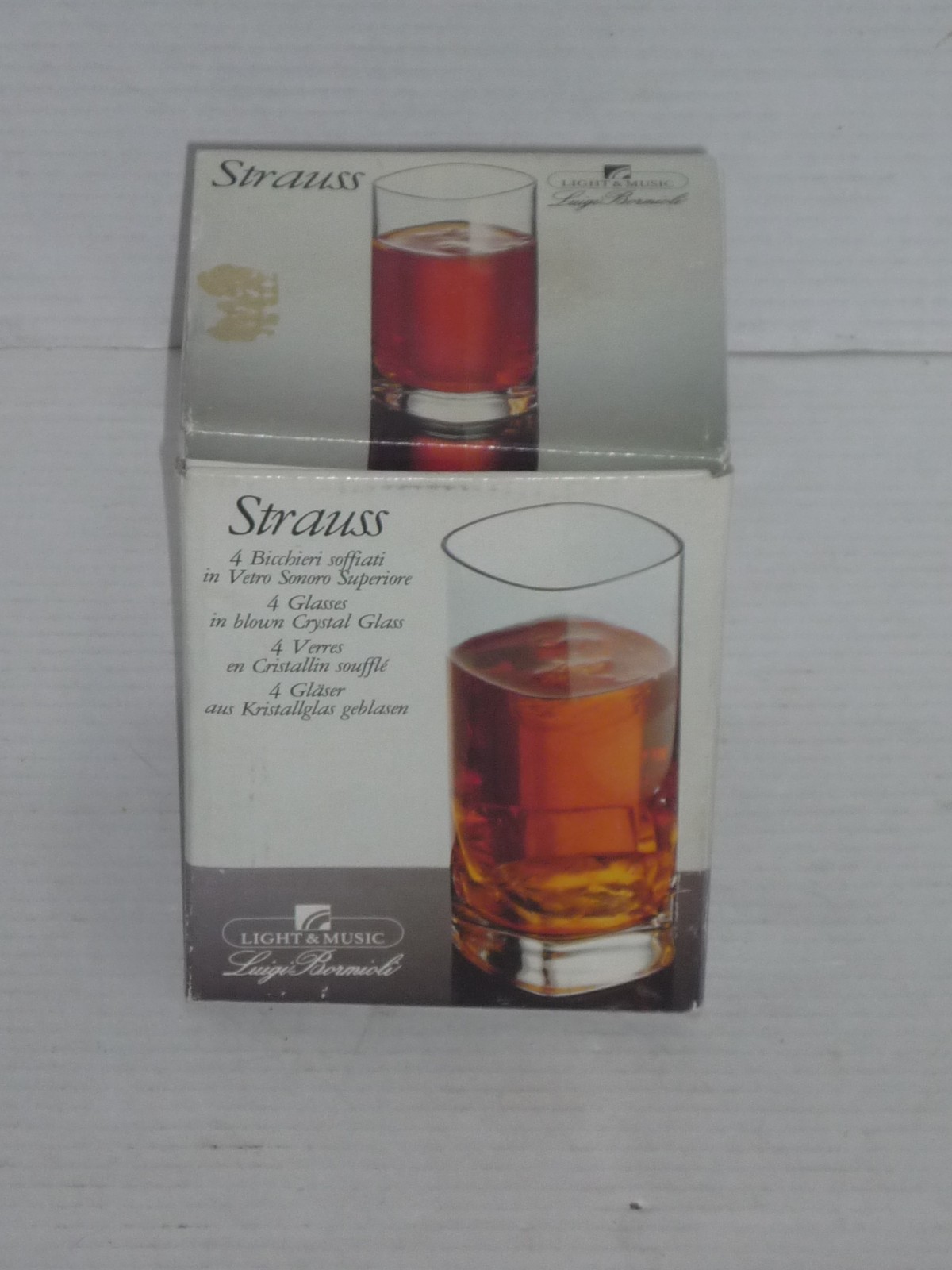 LUIGI BORMIOLI CRYSTAL STRAUSS LIGHT & MUSIC TALL MIXED DRINK GLASSES (4) UNUSED gallery