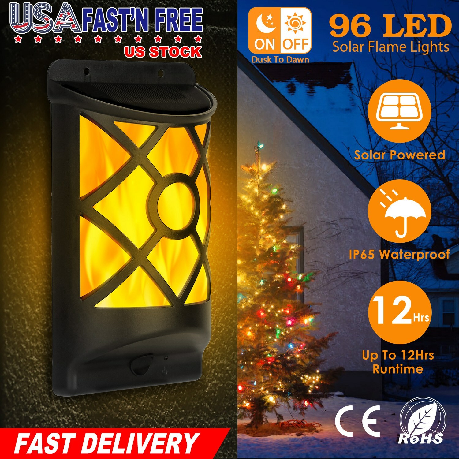 Solar Flame Lights Outdoor Waterproof Flickering Flames Wall Light Auto On Off gallery
