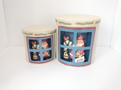 Nesting 3D Paper Mache Round Box Set Santa Cardinal Window Candy Cane Birdhouse