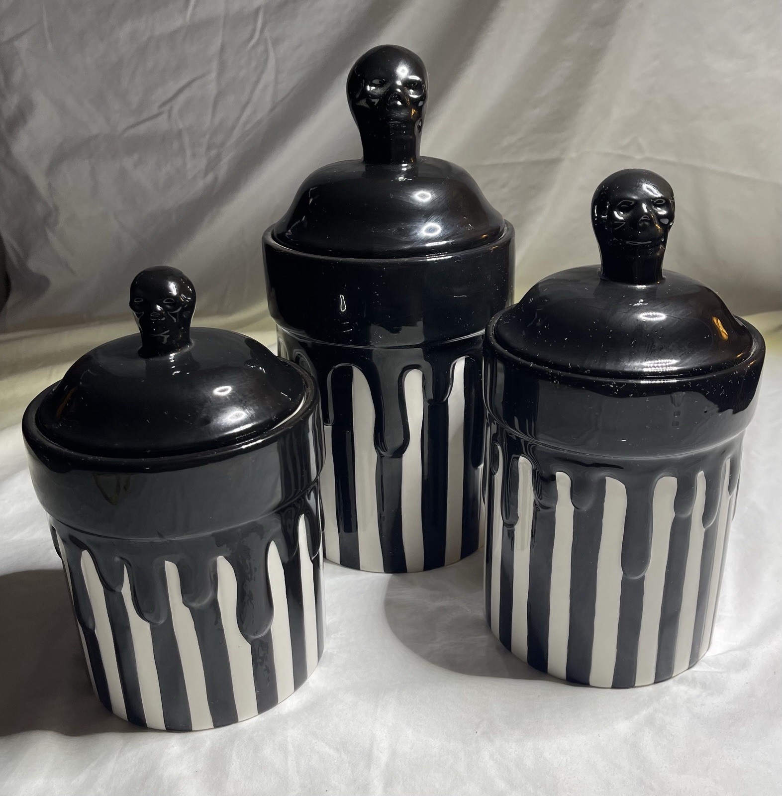 Dolls Home dripped Skull Ceramic Jar Set, Black White Stripe 3pc gallery