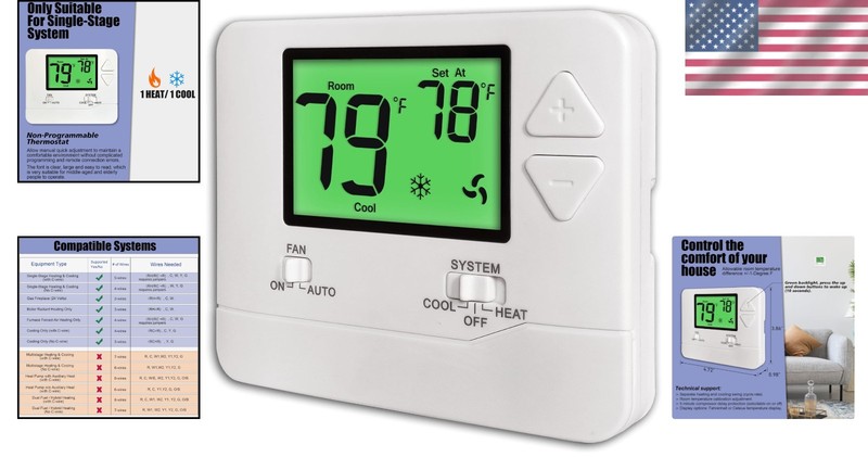 User-Friendly Non-Programmable Thermostat with Large Green Backlit Display gallery