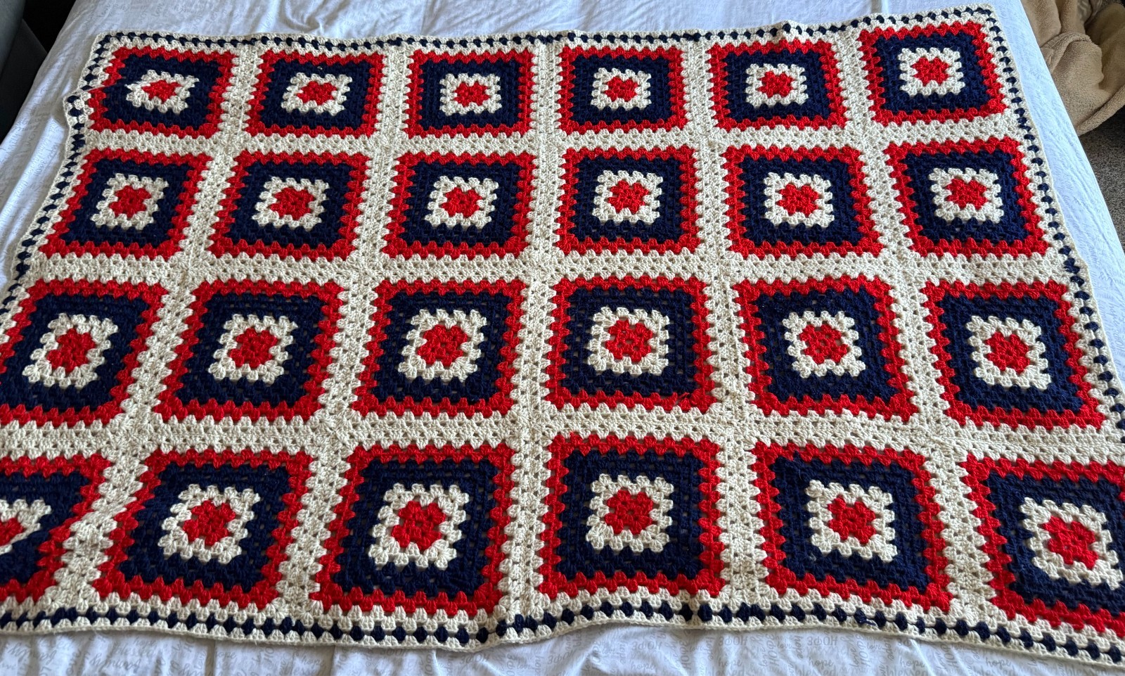 Granny Square Red White & Blue Patriotic Hand Crochet 47x39 Afghan Blanket Vtg gallery