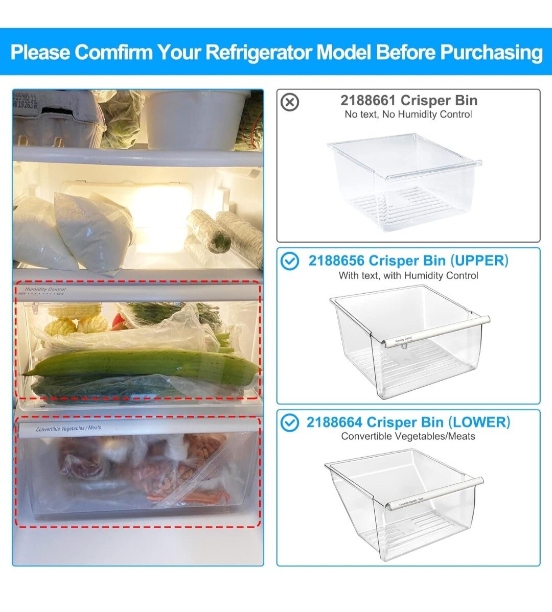 2pcs Upgraded 2188656 (Upper)&2188664 (Lower) Fridge Crisper Bin Compatible with gallery