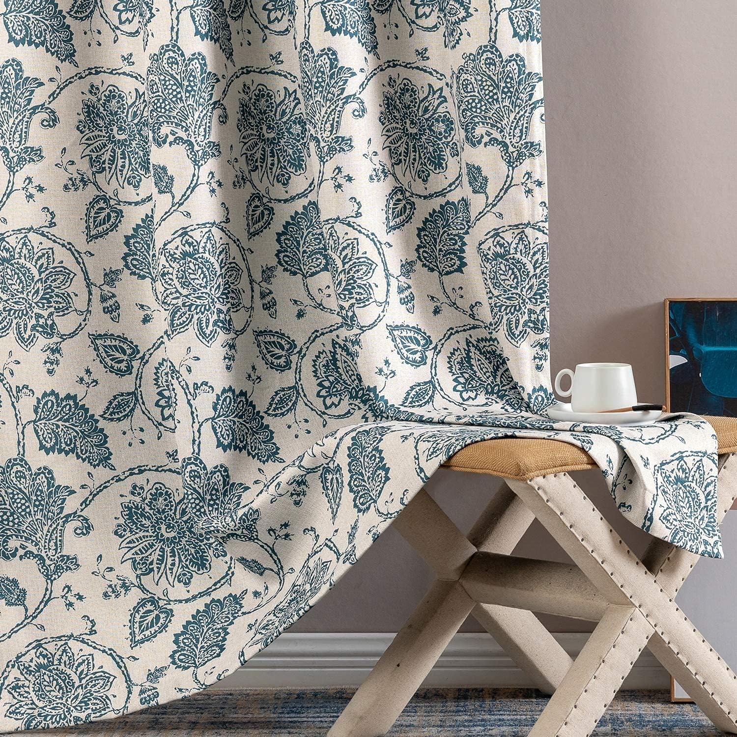 Floral Scroll Ikat Linen Curtains 2 Panels Grommet Room Darkening Bedroom 63" gallery