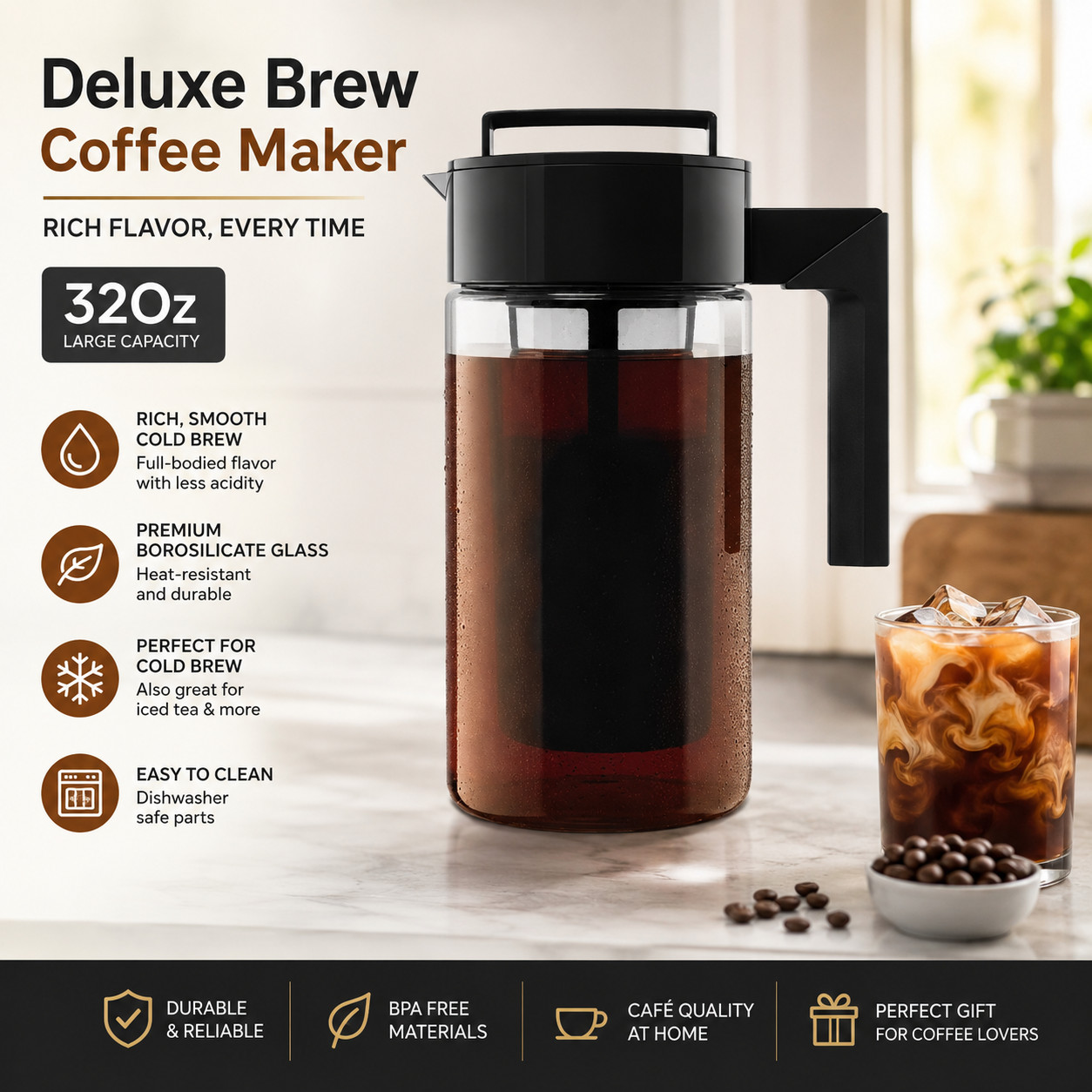 Takeya Deluxe Cold Brew Coffee Maker 32oz BPA-Free Airtight Fine Mesh Filter gallery