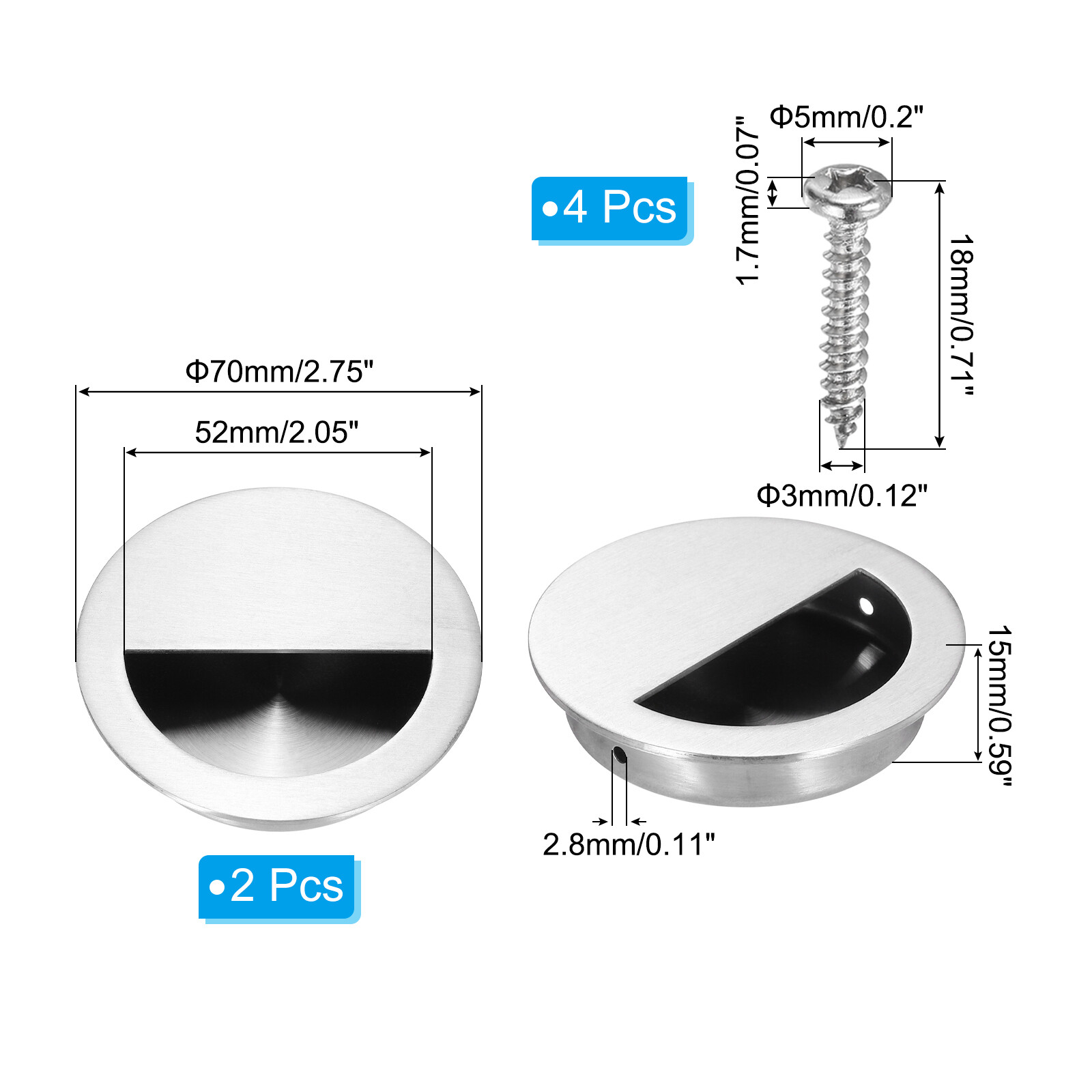 2Pcs Recessed Door Handles 2.75" Dia Round Hidden Concealed Door Pulls Silver gallery