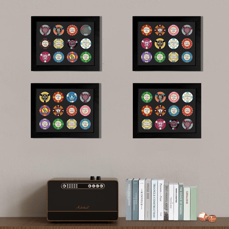 12 Chip Poker Display Frame - Wall Mount/Tabletop, EVA Foam Lining, Black Flocke gallery