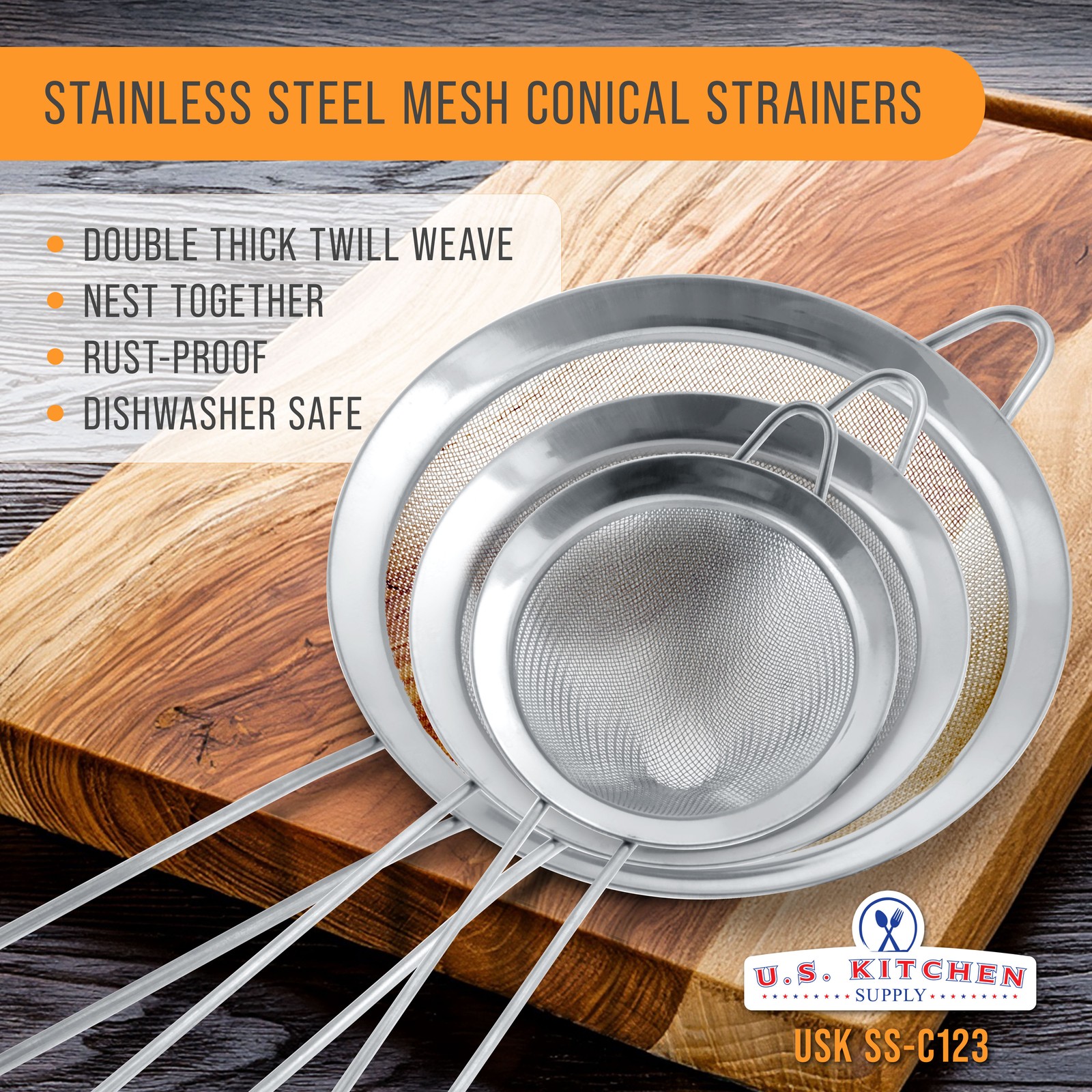U.S. Kitchen Fine Twill Mesh Stainless Steel Conical Strainer Set 3 4 5" Chinois gallery