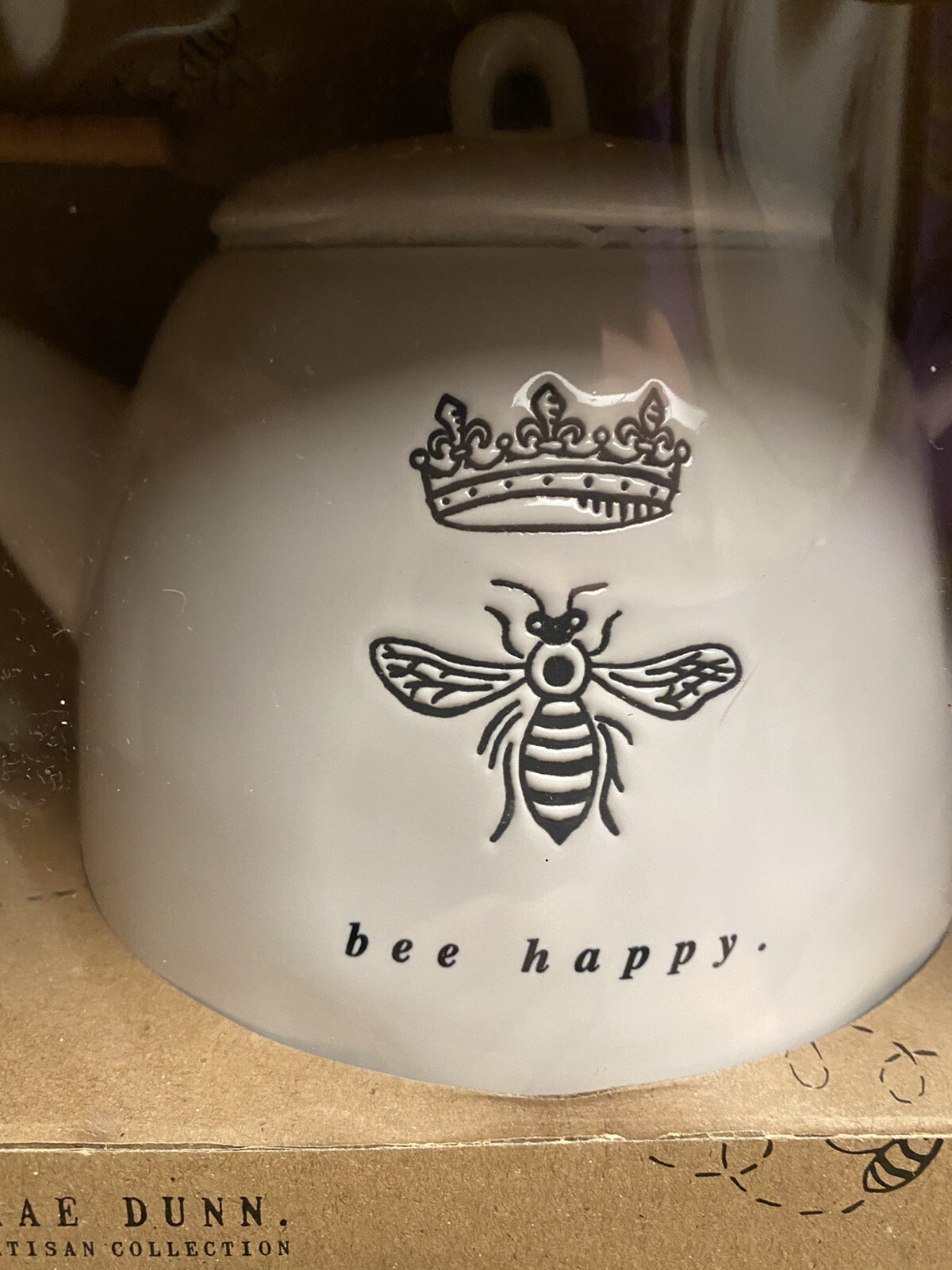 Rae Dunn Icon Bee Happy Tea Pot Crown and Honey Pot Brand New HTF gallery
