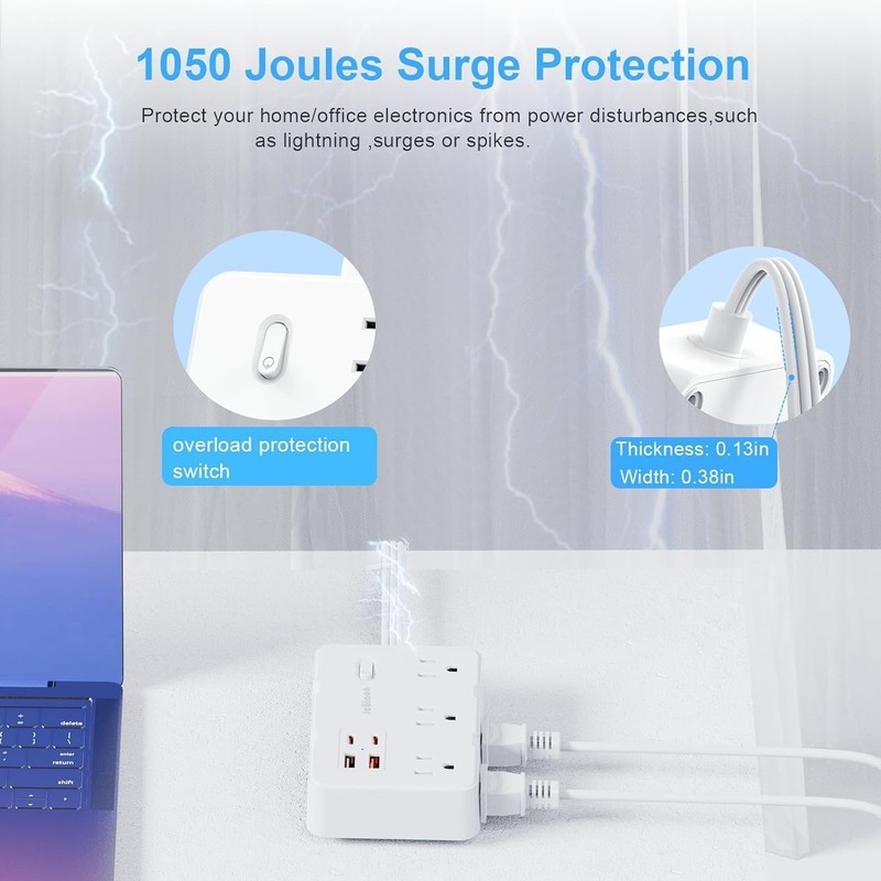 Flat Plug Power Strip Surge Protector, 5Ft Ultra Thin Extension Cord with 4 USB gallery