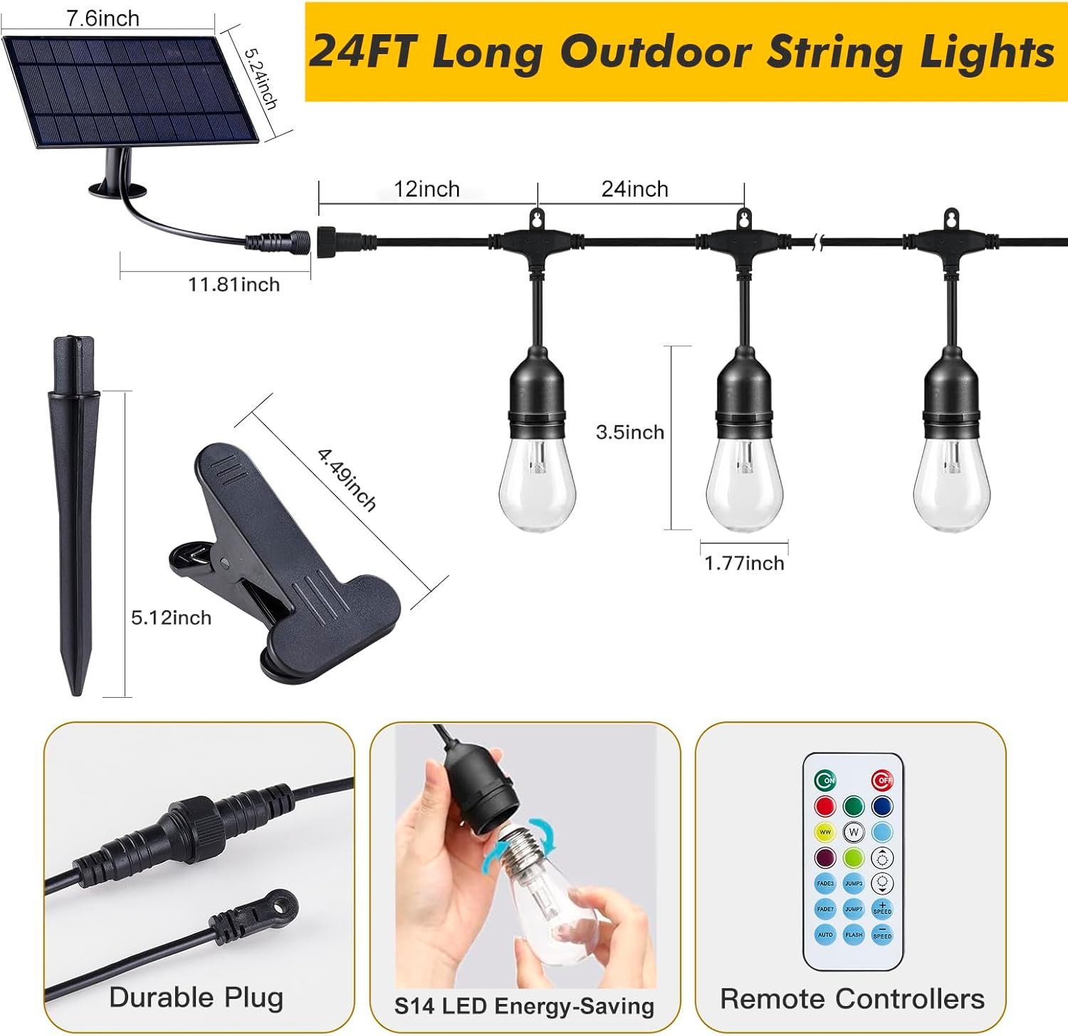 24FT Dimmable RGB Solar String Lights with 12 Shatterproof Edison Bulbs gallery