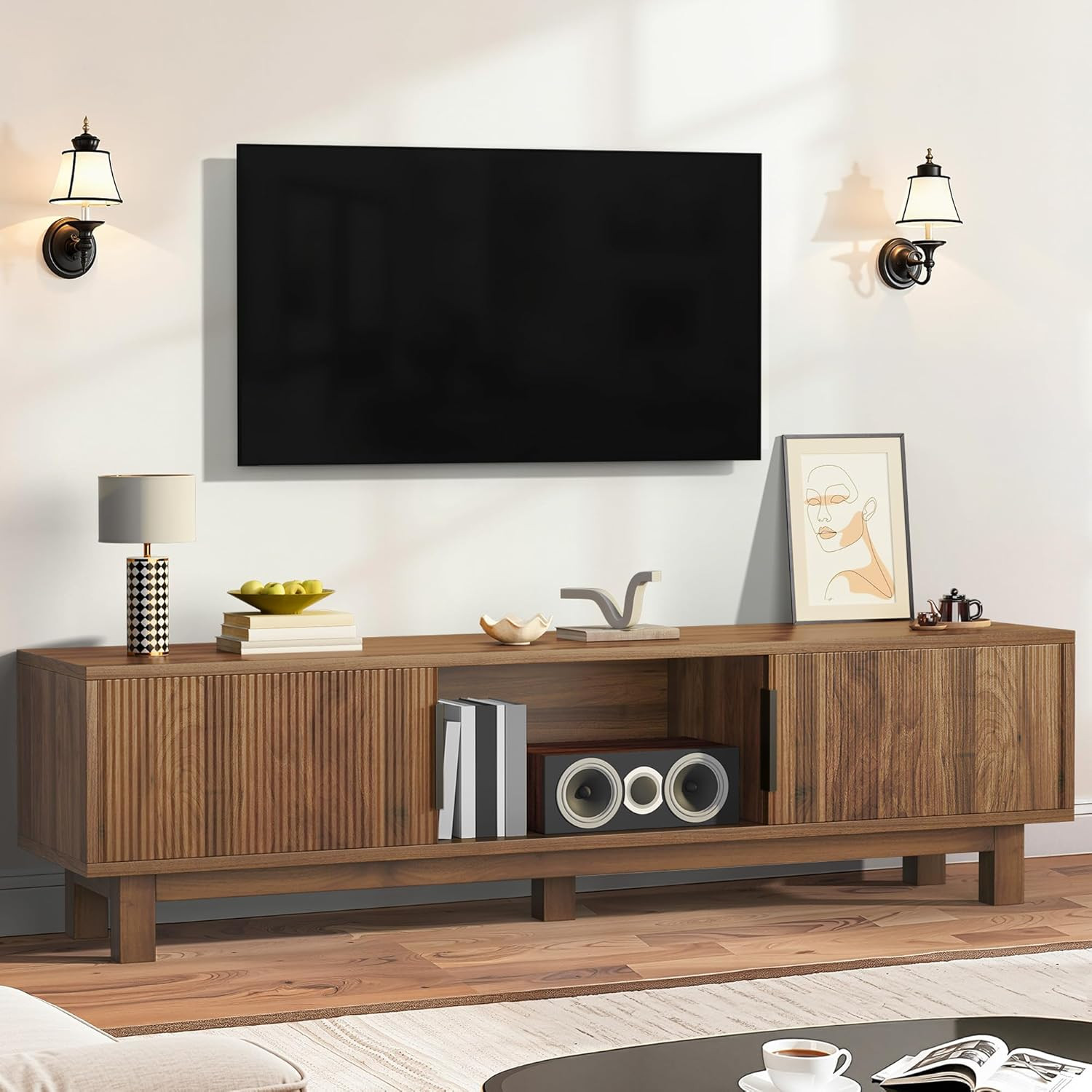 Mid Century Modern TV Stand for 65" TVs, Walnut, Storage & Power Outlets gallery