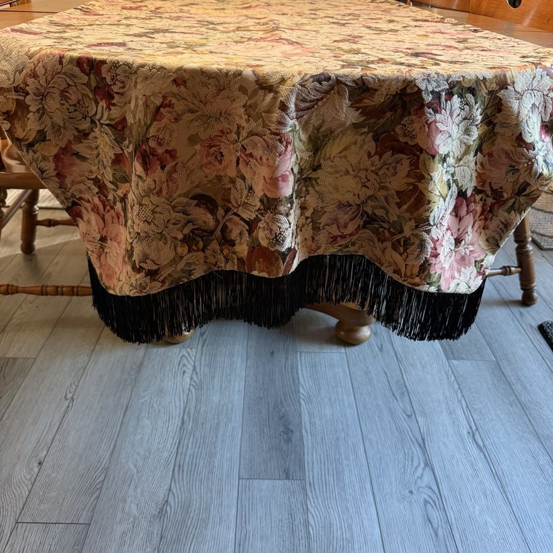 VTG Floral Damask Brocade Table Runner Black Silky Lining Fringe Custom 72x32” gallery