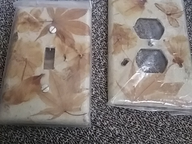 Hand made & Painted 2 lite covers & 1 outlet cover - beige/tan leaf design gallery
