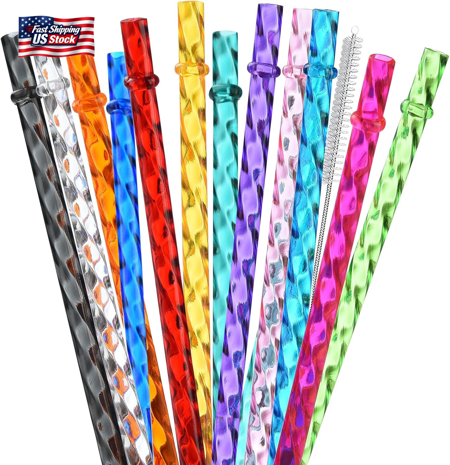 ALINK 12-Pack Reusable Plastic Coloful Swirl Straws, 11 Inch Long PETG Clear Har gallery