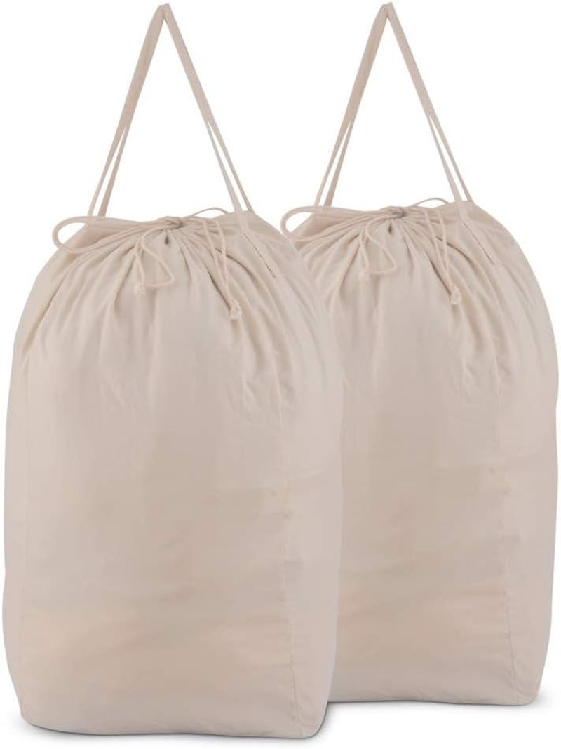 2 Pack Cotton Laundry Bags Beige Drawstring Handles Portable Storage 140L gallery