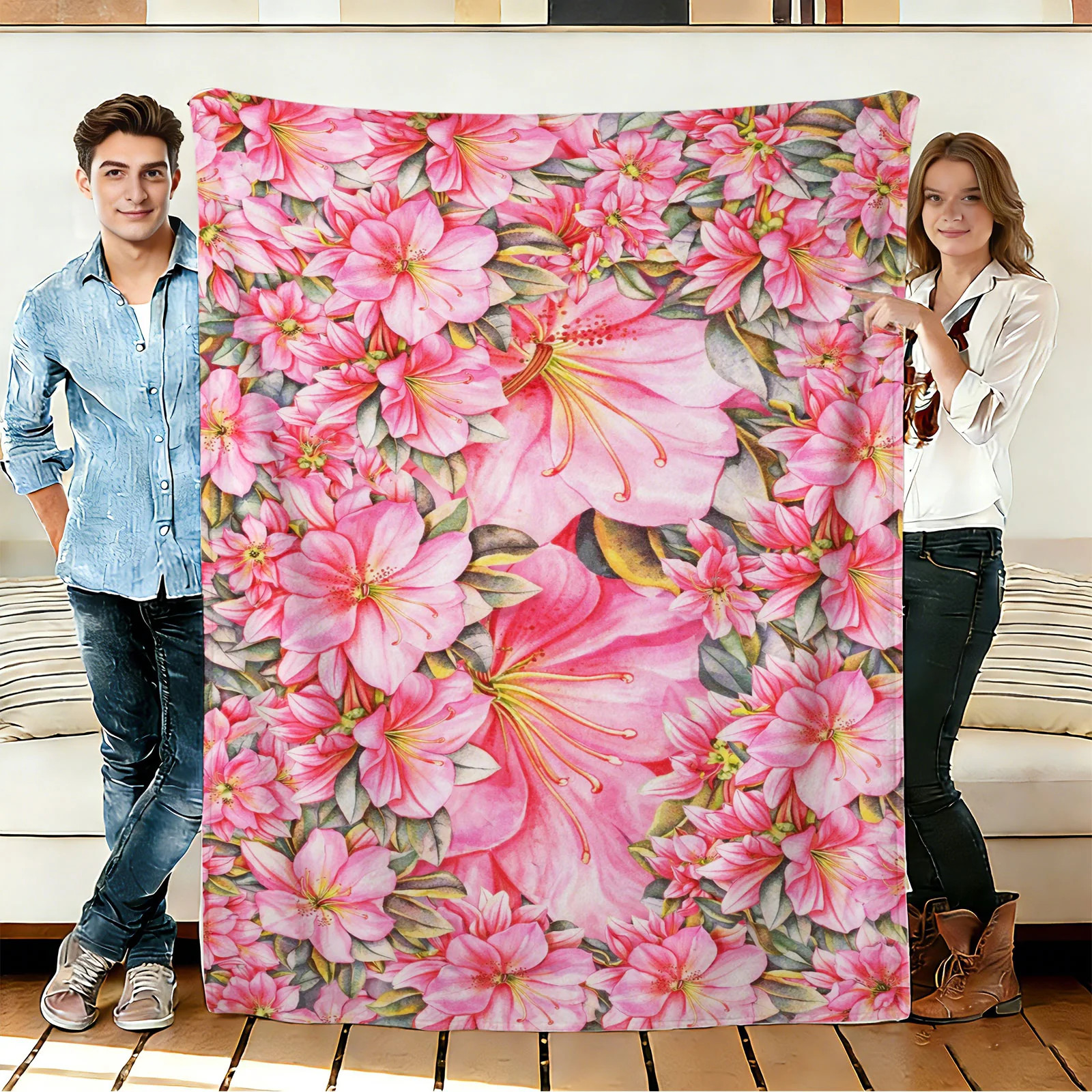 Pink Flower Pattern Flannel Blanket Soft Cozy Tapestry Napping Travel Use gallery