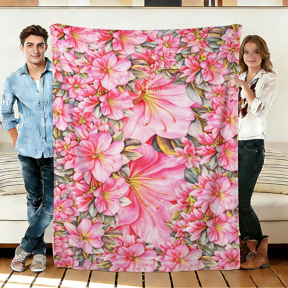 Pink Flower Pattern Flannel Blanket Soft Cozy Tapestry Napping Travel Use