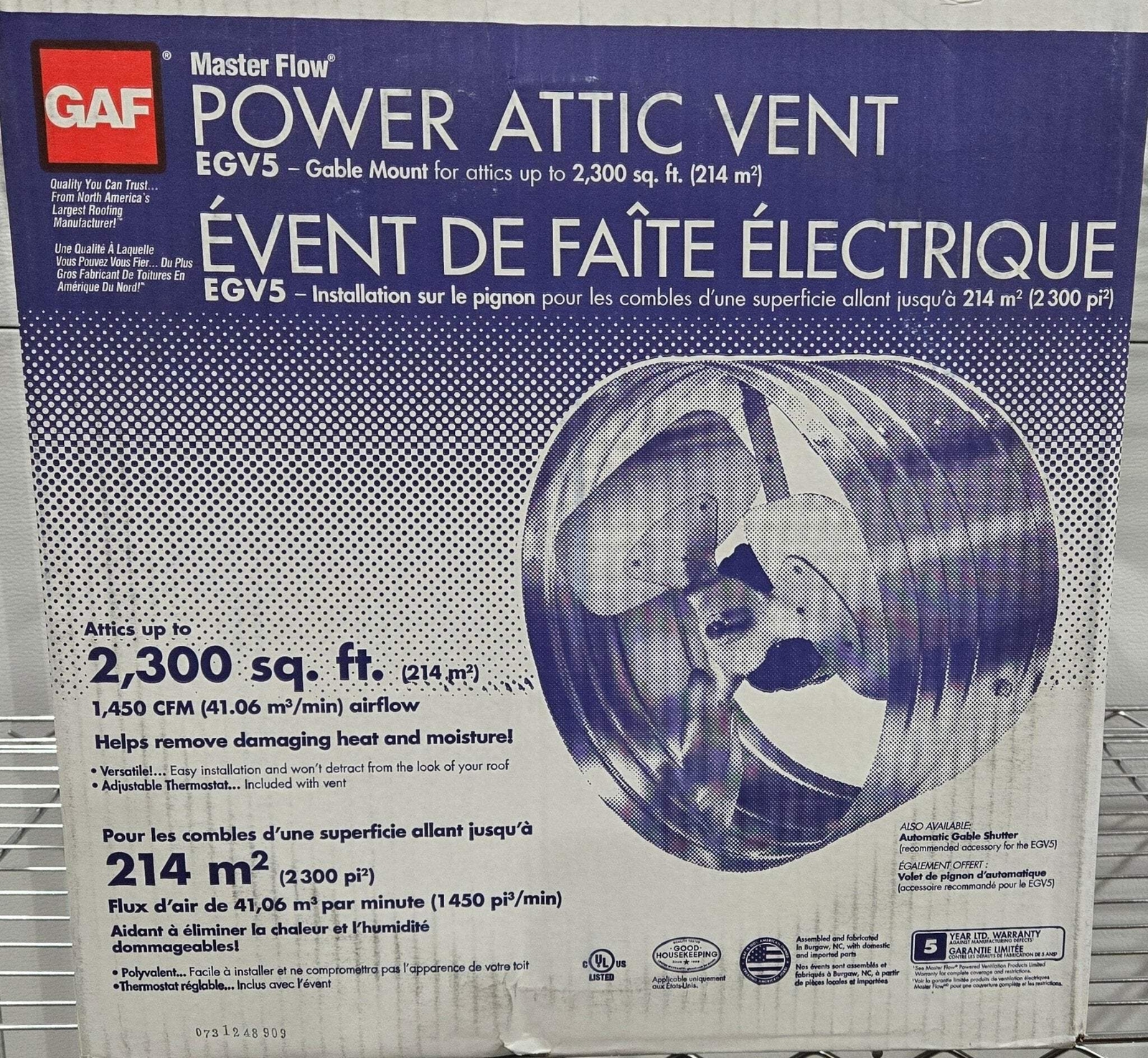 GAF Master Flow 1450 CFM Electric Powered Gable Mount Attic Fan EGV5 Silver gallery
