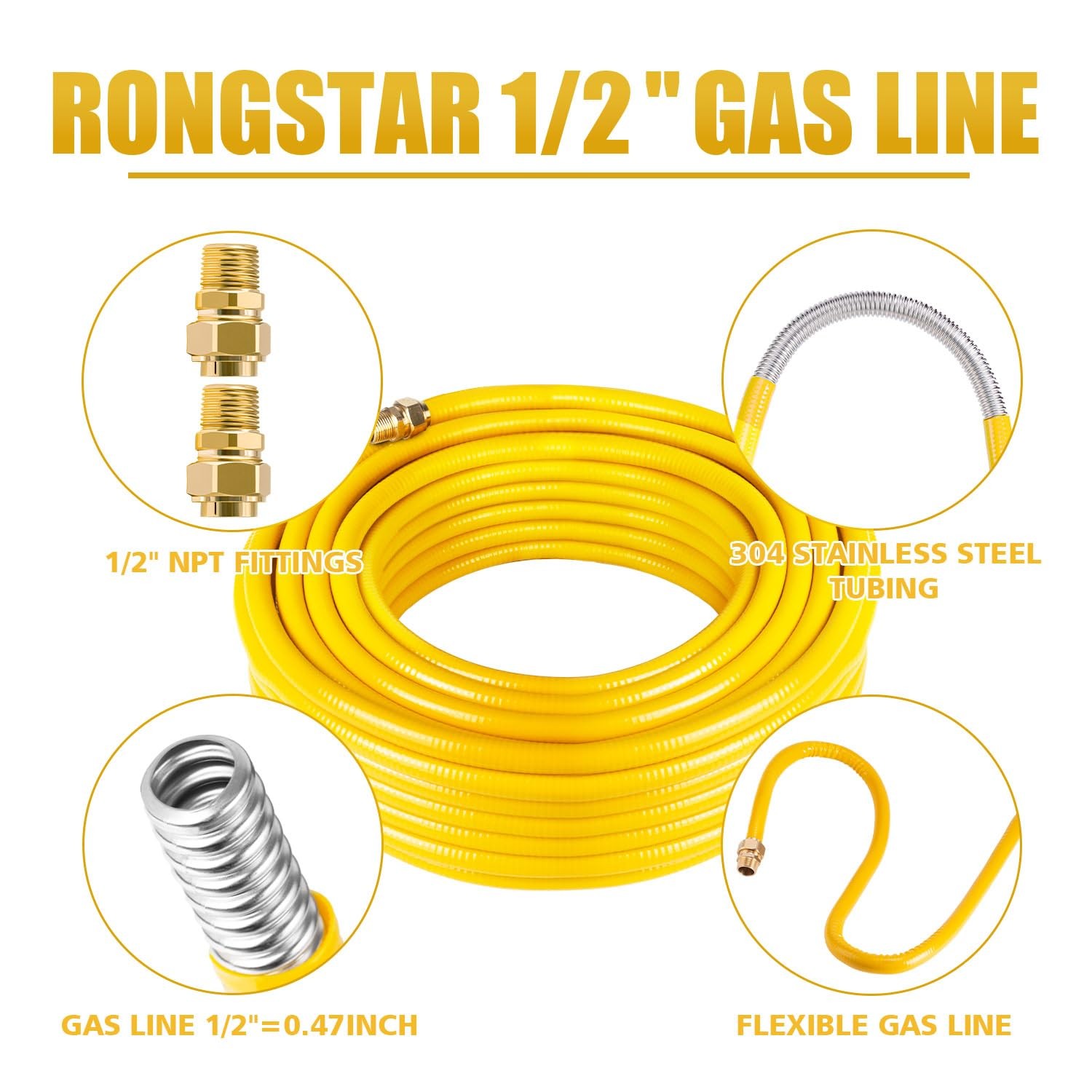 70ft Flexible 1/2" CSST Gas Line, Corrugated Stainless Steel Tubing, 2 Fittings gallery