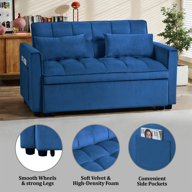 Convertible Sleeper Sofa Bed Pull Out Couch Adjustable Backrest Loveseat Blue gallery