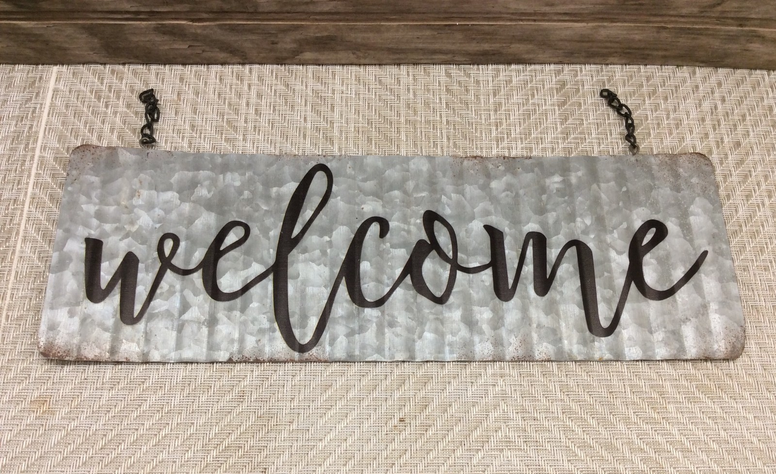RUSTIC Farmhouse Corrugated Tin Metal Hanging WELCOME Sign 13.75" X 4.75" gallery