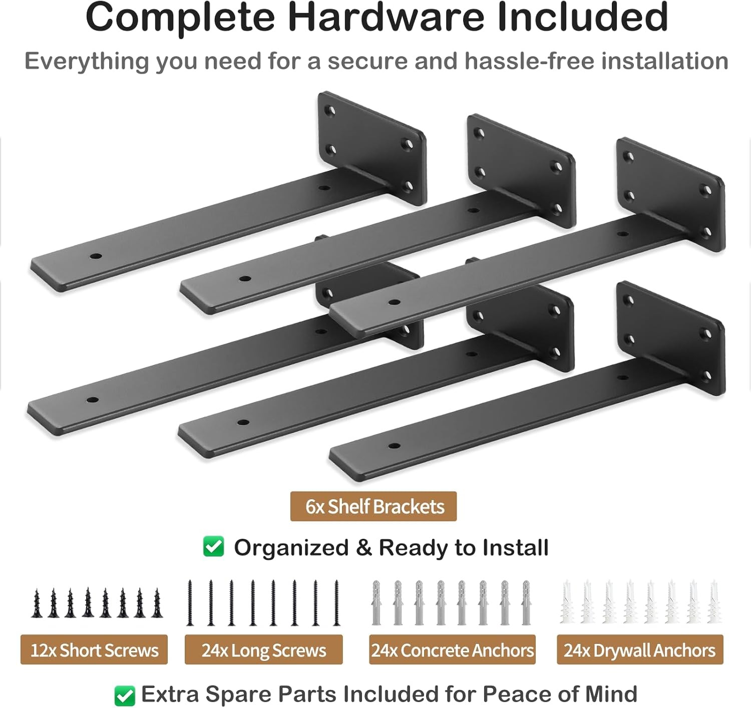 6 Pack 8 Inch Floating Shelf Brackets - Solid Steel Heavy Duty Black gallery