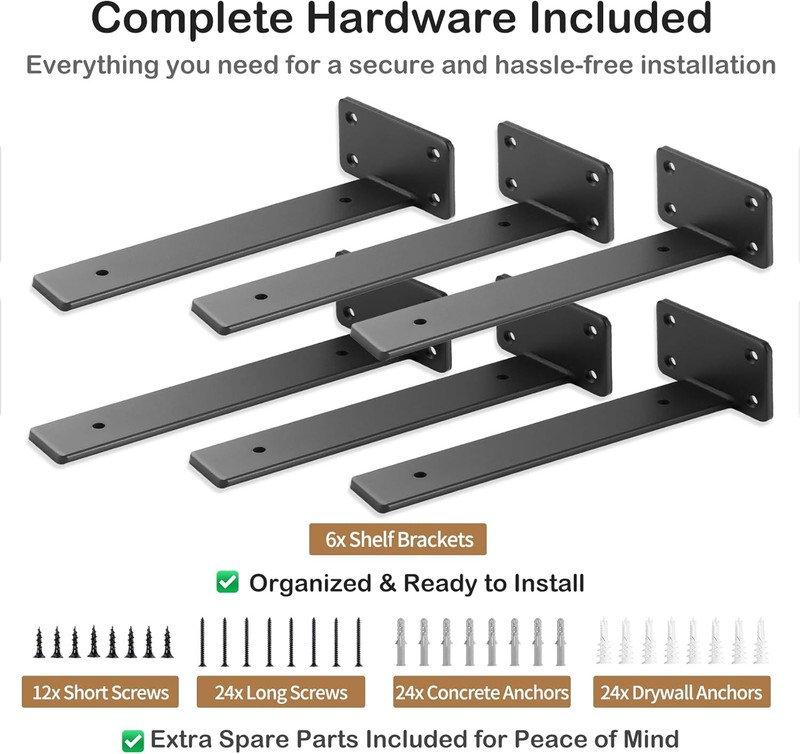 6 Pack 8 Inch Floating Shelf Brackets - Solid Steel Heavy Duty Black gallery
