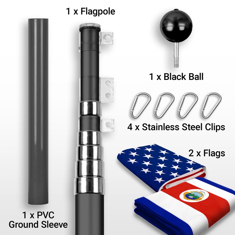 25 Ft Telescoping Flagpole Black & American and Costa Rica Flags Emb 300D 3x5Ft gallery