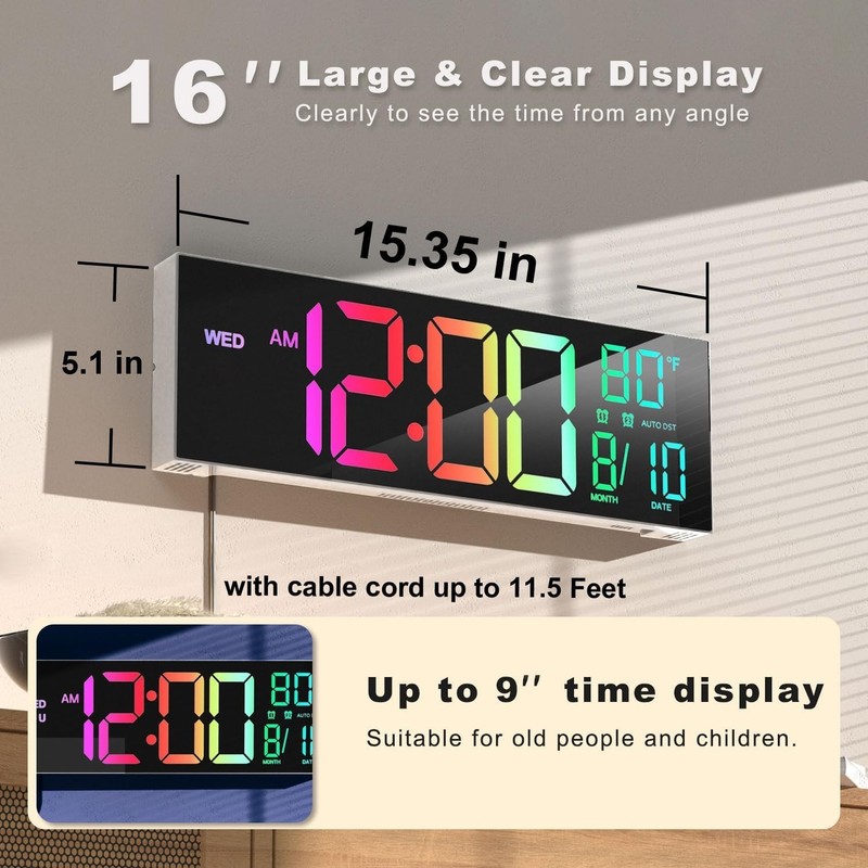 16'' Large Digital Wall Clock with Remote Control Big LED Dual Alarm 8 RGB New gallery