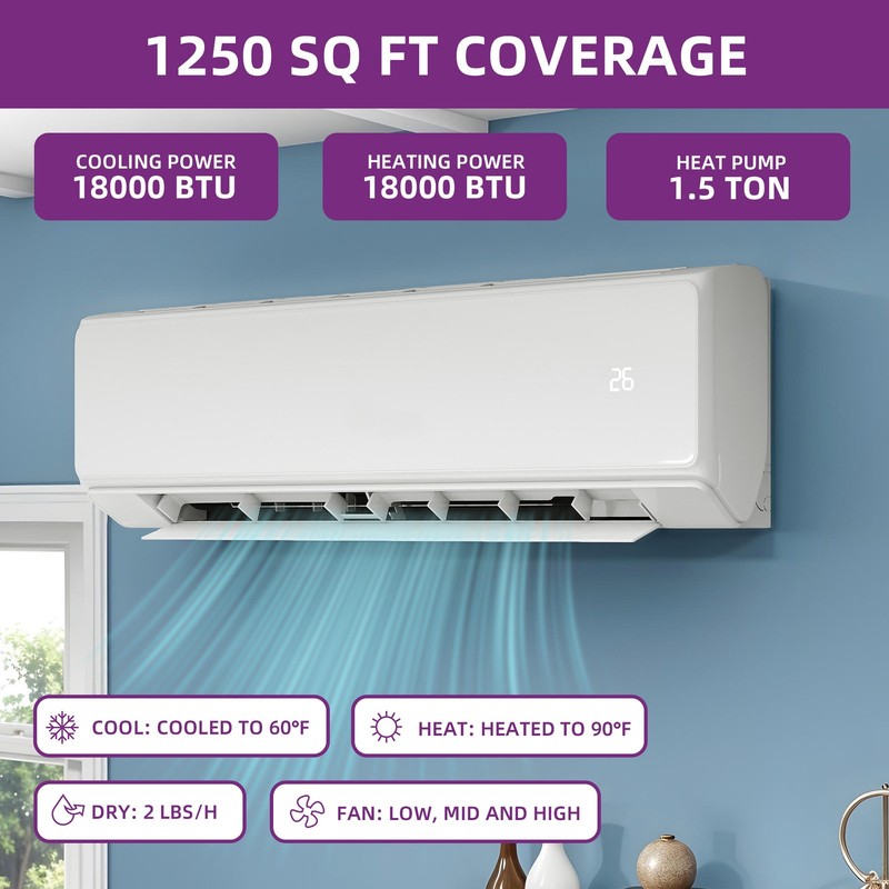 Mini Split Air Conditioner 18,000 BTU Ductless Heat Pump 208-230V Power gallery