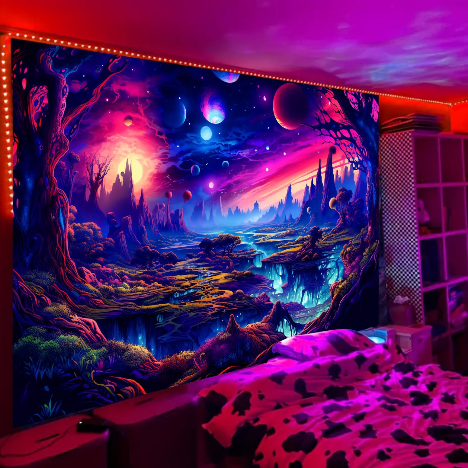UV Reactive Blacklight Tapestry Fantasy Planet Neon Forest Wall Art 80"x59" gallery