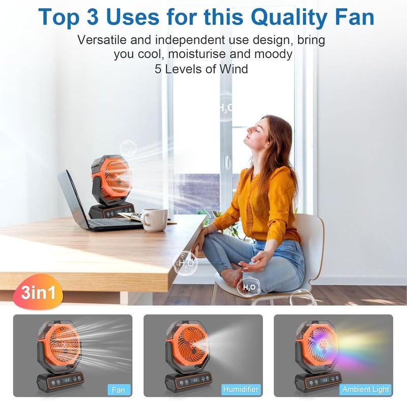 Smart Rechargeable Rotating Misting Camping Fan with RGB LED Light gallery
