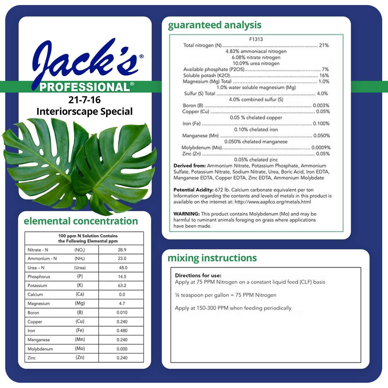 Jack's Professional 21-7-16 Interiorscape Special Water-Soluble Fertilizer, 25lb gallery