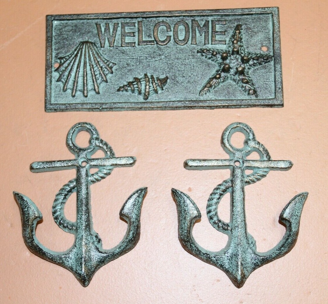 Nautical Mancave Antique Style Anchor Wall Hooks / Welcome Plaque, Sea Rythms gallery