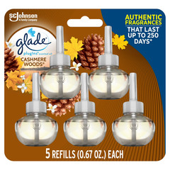 Glade PlugIns Refill 5 Count, Cashmere Woods, 3.35 FL. oz. Total, Stocking Stuff