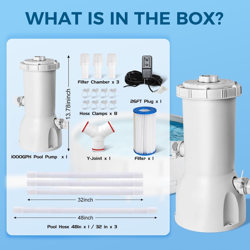 1000 Gallons Pool Filter Pump Above Ground, Swimming Pool Filter Cartridge Pu... gallery