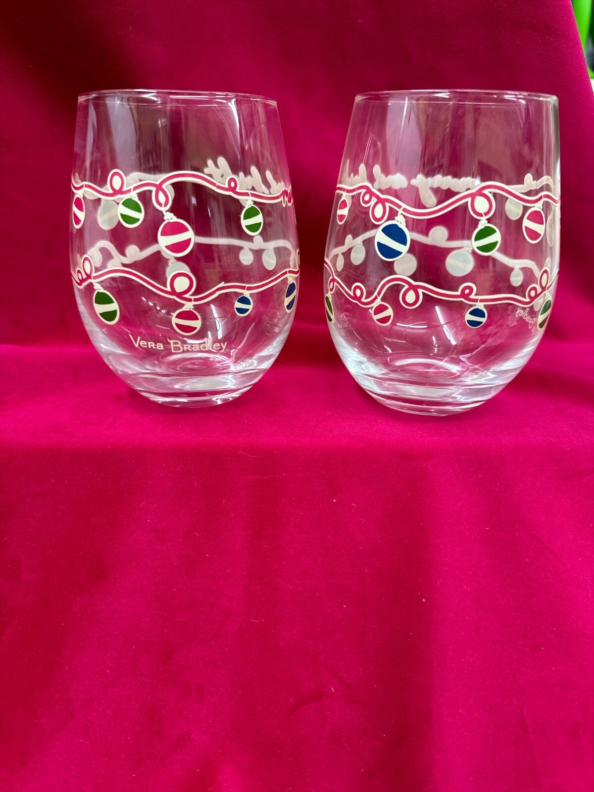 Vera Bradley Merry & Bright Stemless Wine Glasses 16 oz. Brand New In Box gallery