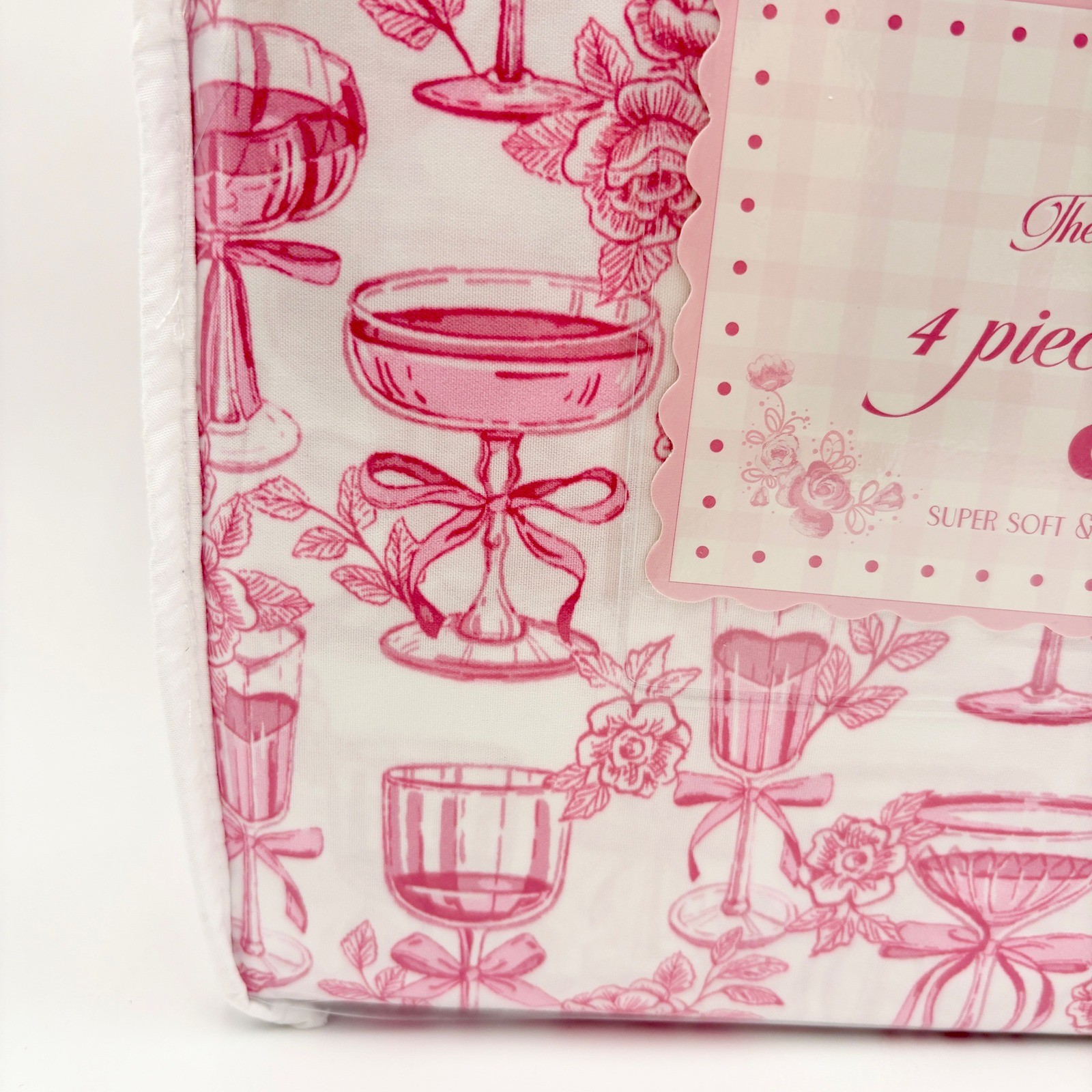 The Lovers Club Queen 4pc Sheet Set Pink Champagne Glass Floral Print Super Soft gallery