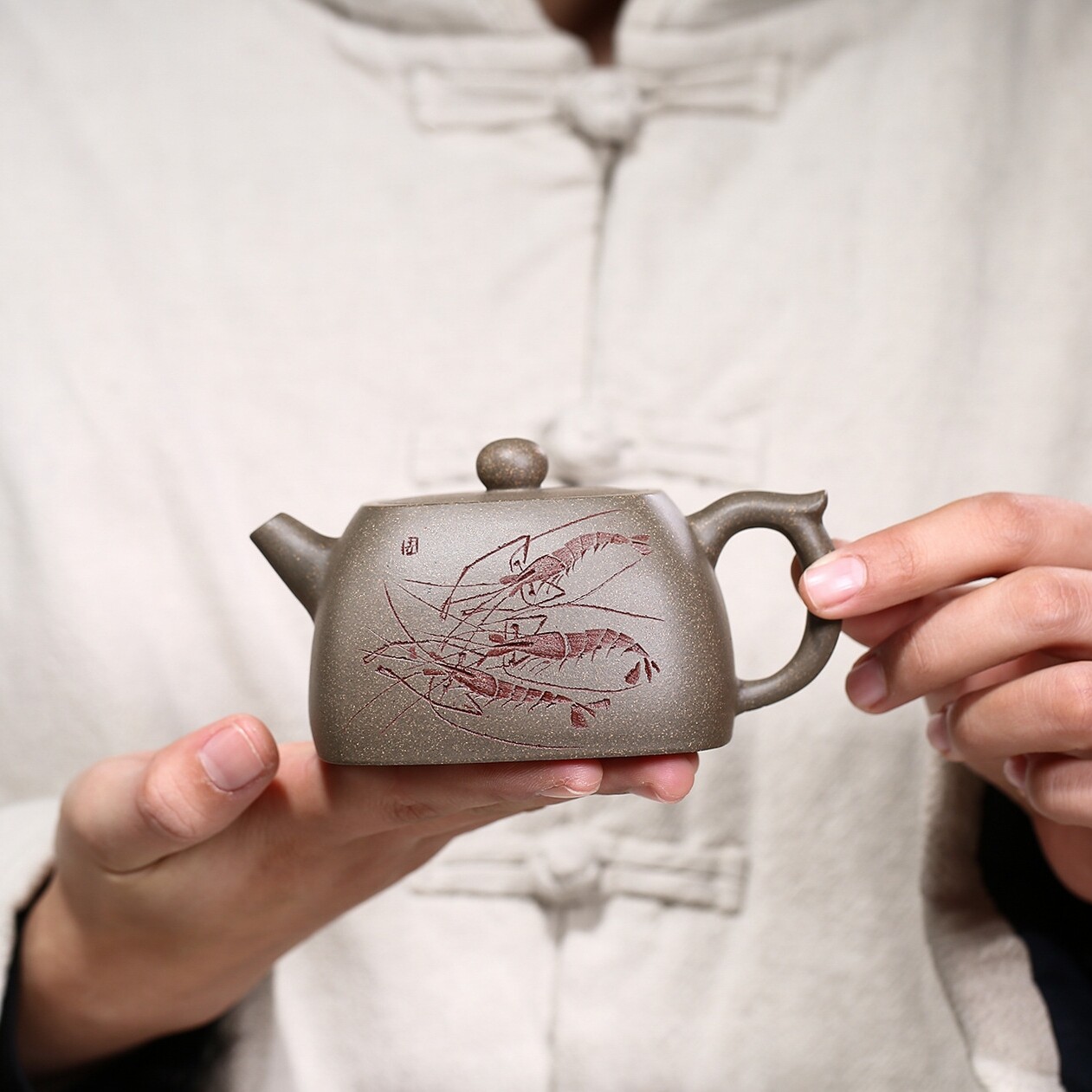 Full Handmade Tea Pot Marked Hand Carved Shrimp Yixing Zisha Xiekeqing Clay Pot gallery