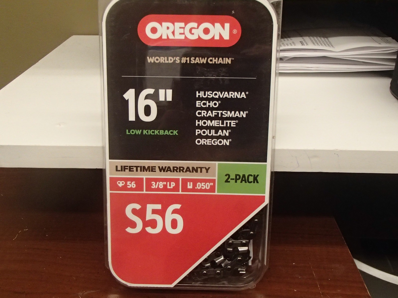 Oregon 16 in S56 Chain Saw Chain 2 Pack 56 Link 3/8” LP .050 Gauge Low Kickback gallery