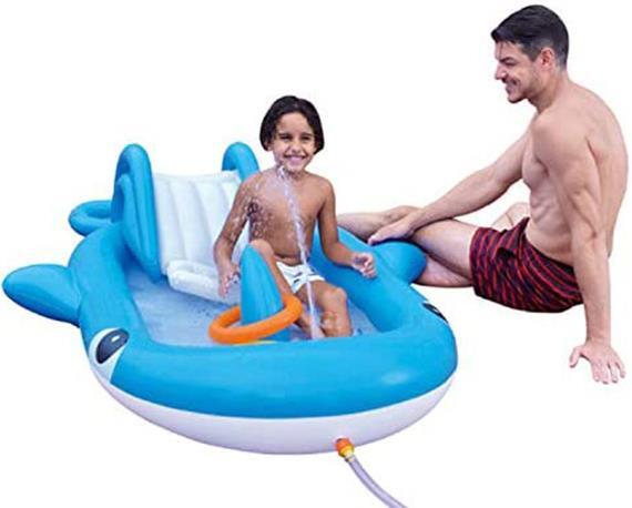 New SUN CLUB Whale PLAY POOL Inflatable w/ Slide + Water Sprayer + Ring Toss NIB gallery
