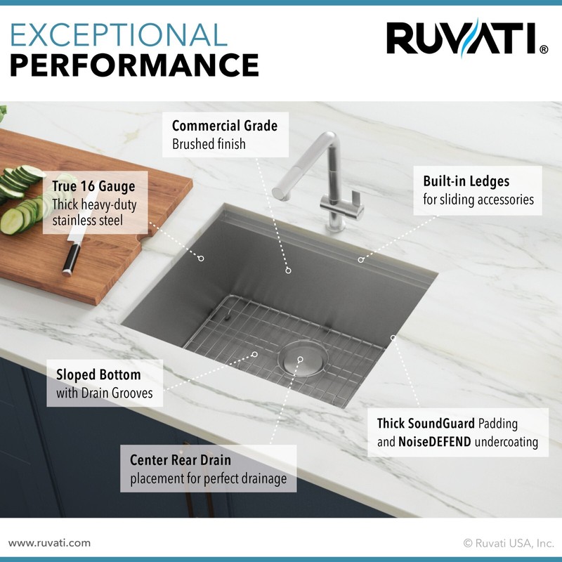 Ruvati 23″ Workstation Ledge Bar Prep Kitchen Sink 16 Gauge Single Bowl– RVH8308 gallery