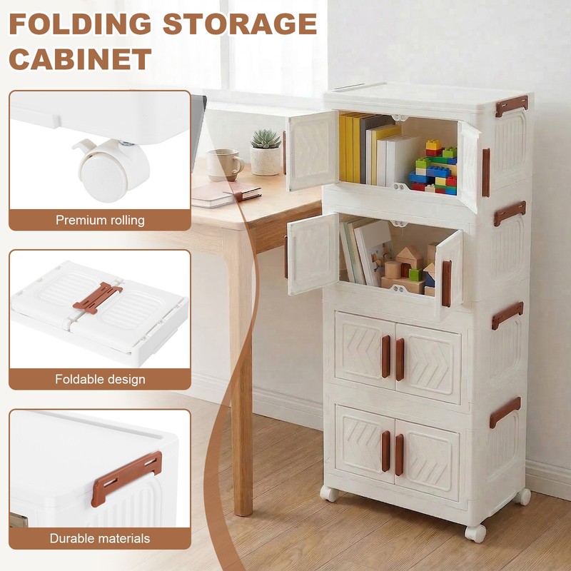 4 Tier Folding Storage Cabinet Stackable Boxes with Magnetic Doors & Wheels US gallery