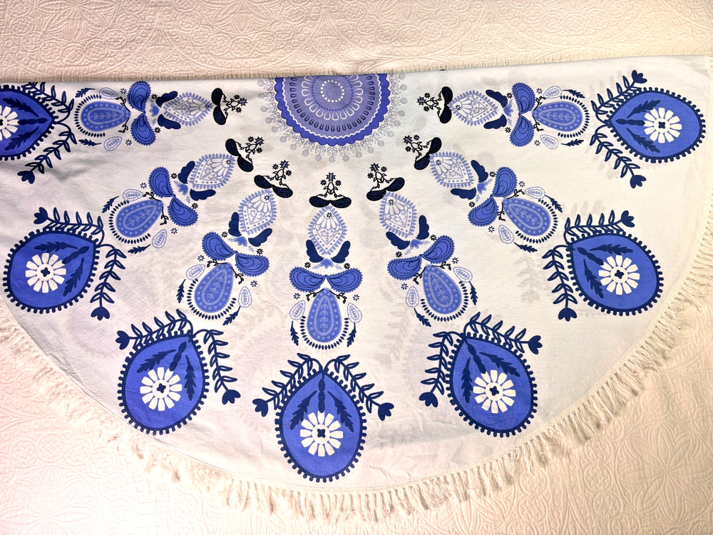 Gypsy 05 Round Tablecloth 100% Cotton 64" Diameter Mandala Pattern White Fringe