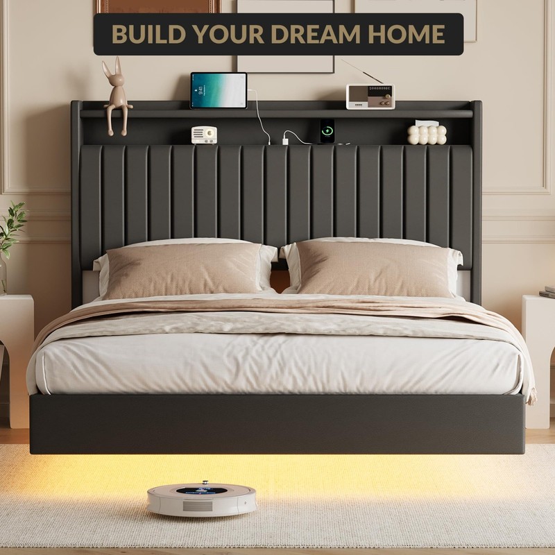 Queen Size Floating Bed Frame with LED Lights Adjustable Upholstered Headboard gallery