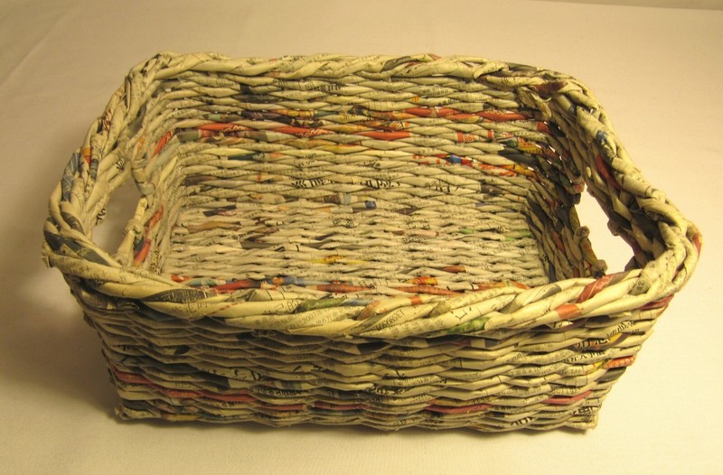 Basket Made from Chinese Newspapers with Integrated Handles, 12"L x 9"W x 5"H gallery