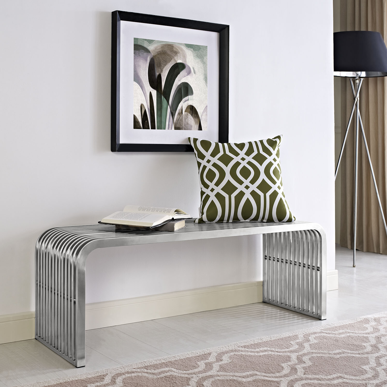 Modway Pipe Contemporary Modern Stainless Steel Metal Bench, 47" gallery