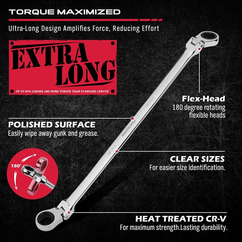 6Pcs Extra Long Ratcheting Wrenches Spanner Set Double Box End Flex-Head Metric gallery